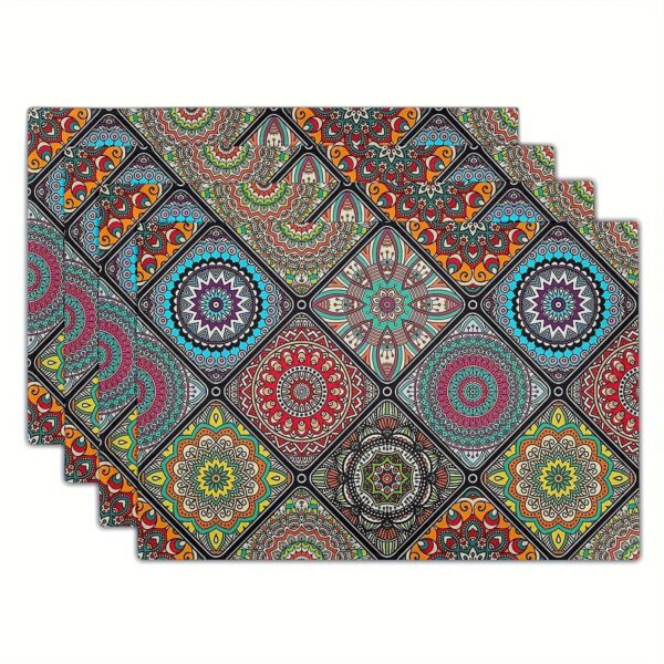 4pcs, Boho Mandala Placemats, Mexican Ethnic Traditional Pattern With Geometric Plaids, Bohemian Flower, Washable Table Place Mats, For Dining, Kitchen, Party - Image 2