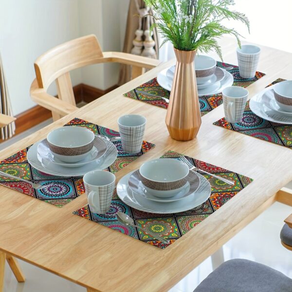 4pcs, Boho Mandala Placemats, Mexican Ethnic Traditional Pattern With Geometric Plaids, Bohemian Flower, Washable Table Place Mats, For Dining, Kitchen, Party - Image 3