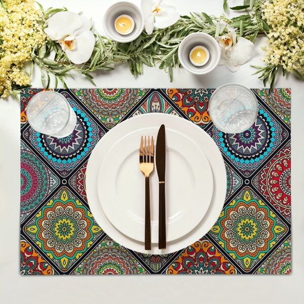 4pcs, Boho Mandala Placemats, Mexican Ethnic Traditional Pattern With Geometric Plaids, Bohemian Flower, Washable Table Place Mats, For Dining, Kitchen, Party - Image 4