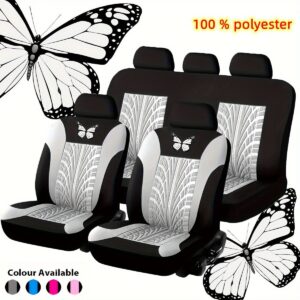 Car Seat Cover Full Set, Red Universal Butterfly Pattern Embroidery Auto Seat Cover Set